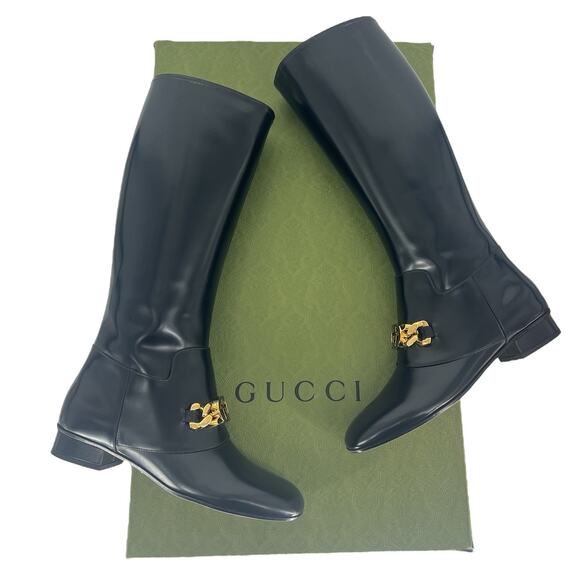 Gucci Interlocking GG Chain Patent Leather Knee Boots - Picture 3 of 16
